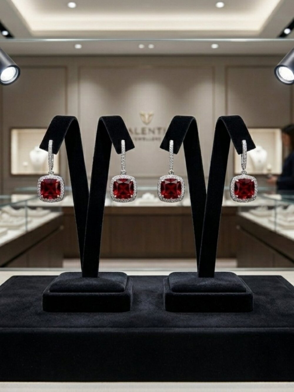 Cushion-Cut Red CZ & Crystal Halo Drop Earrings - Picture 5 of 5